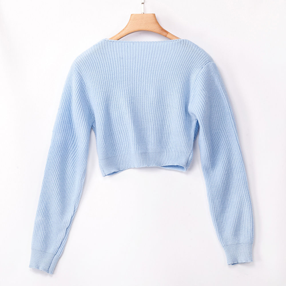 SZ60242-3 Light blue Twisted V Neck Long Sleeve Sexy Cropped Sweater Top